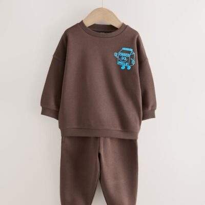 Chocolate Brown and Blue 2 Pack Printed Crew and Joggers Set