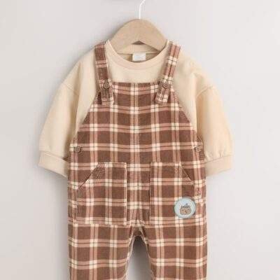 Brown Check Baby Cord Dungaree and Bodysuit Set