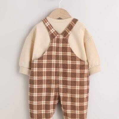 Brown Check Baby Cord Dungaree and Bodysuit Set