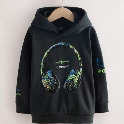 Black Headphones Older Boys Graphic Print Hoodie