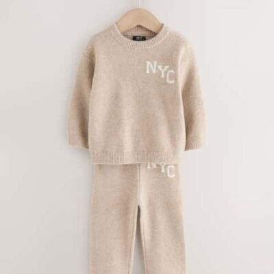 Neutral Knitted NYC Varsity Jumper and Joggers Set
