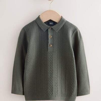 Dark Green Cable Knit Polo Shirt