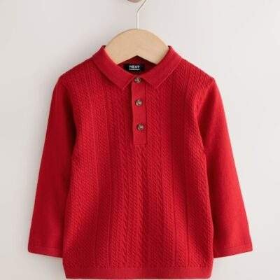 Red Cable Knit Polo Shirt