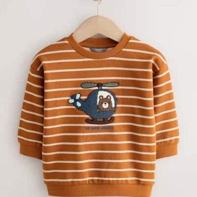 Tan Brown Ecru Stripe Bear All-Over Print Crew Neck Sweatshirt