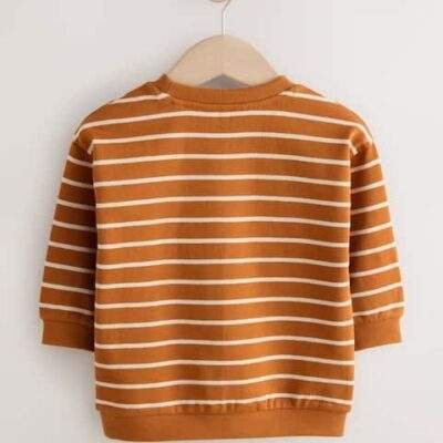 Tan Brown Ecru Stripe Bear All-Over Print Crew Neck Sweatshirt