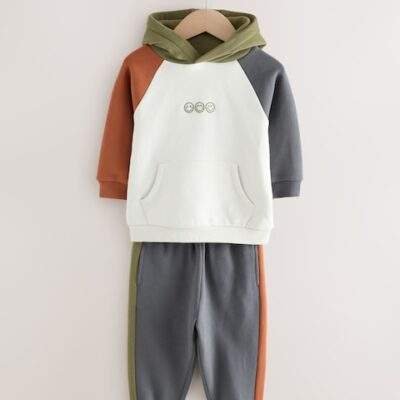 Ecru Off White and Charcoal Grey Colourblock Hoodie and Joggers Set