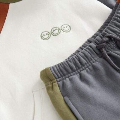 Ecru Off White and Charcoal Grey Colourblock Hoodie and Joggers Set