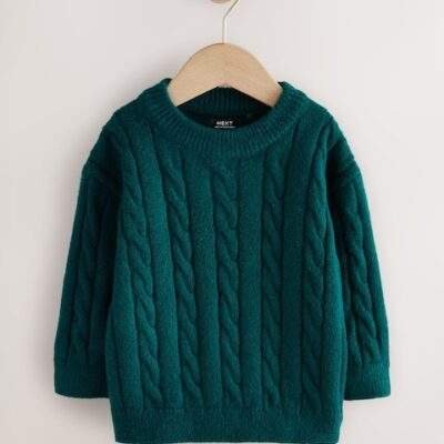 Dark Green Cable Knit Crew Neck Jumper