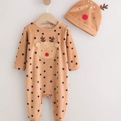 Brown Reindeer Baby Christmas Dress Up Sleepsuit