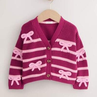Pink Bow Stripe V-Neck Cardigan
