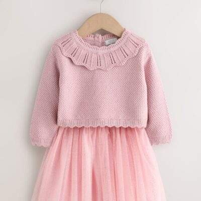 Pink Collar Jumper and Mesh Skirt Set