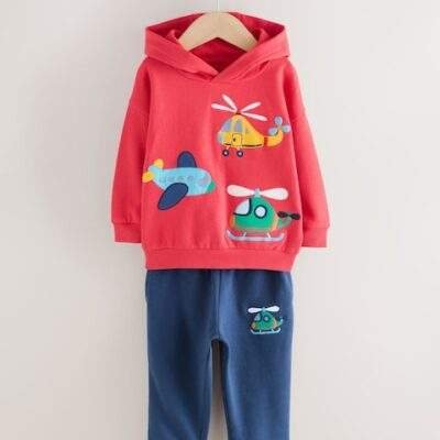 Red/Navy Blue Appliqué Transport Hoodie And Joggers Set