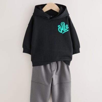 Black and Grey Printed Hoodie and Carpenter Joggers Set