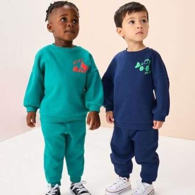 Navy Blue / Green Transport Printed 2 Pack Printed Crew and Joggers Set