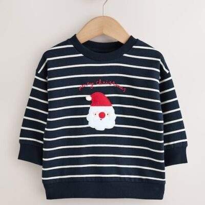 Navy Blue/Ecru Stripe Christmas Crew Neck Jersey Sweatshirt