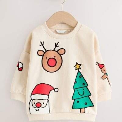 Ecru White Christmas Crew Neck Jersey Sweatshirt