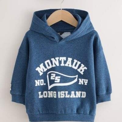 Navy Blue Marl Long Sleeve Printed Hoodie