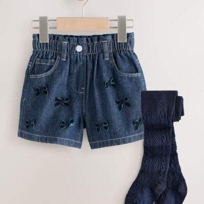 Blue Denim Denim Bow Shorts and Tights