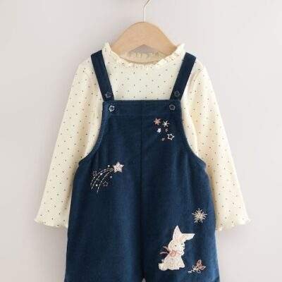 Navy Bunny Corduroy Dungarees Top and Tights Set
