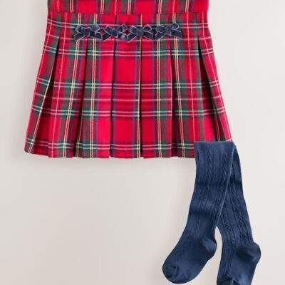 Red Tartan Bow Skirt with Navy Tights