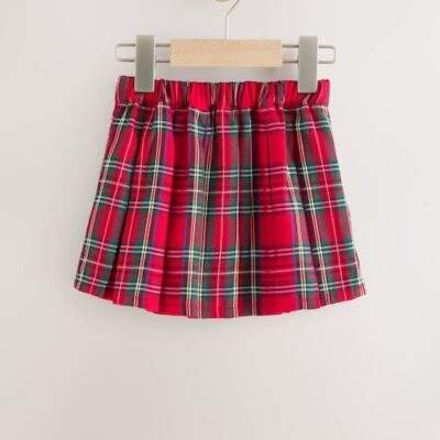 Red Tartan Bow Skirt with Navy Tights