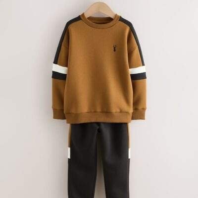 Tan Brown Colourblock Crew Set