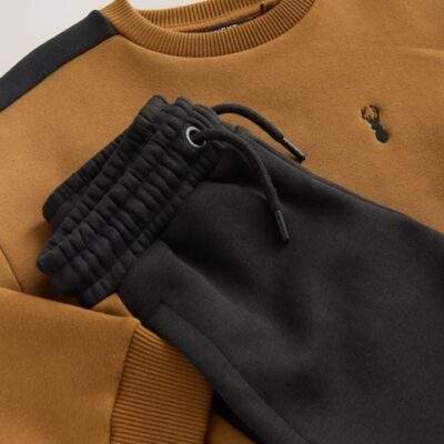 Tan Brown Colourblock Crew Set