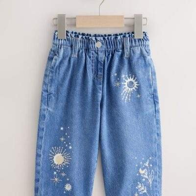 Mid Blue Embroidered Wide Leg Jeans
