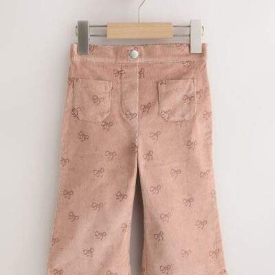 Brown Bow Print Cord Flare Trousers
