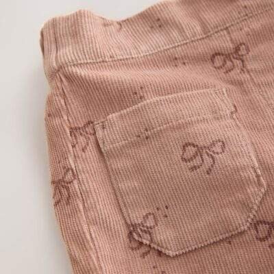 Brown Bow Print Cord Flare Trousers