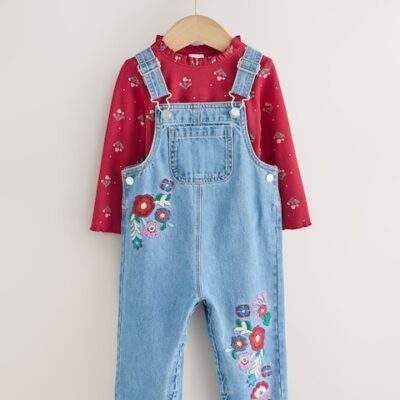 Mid Blue Floral Embroidered Dungarees
