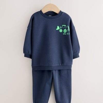 Navy Blue Digger Single Printed Crew and Joggers Set