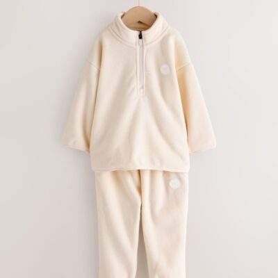 Ecru Off White Fleece Half Zip Top and Joggers Set
