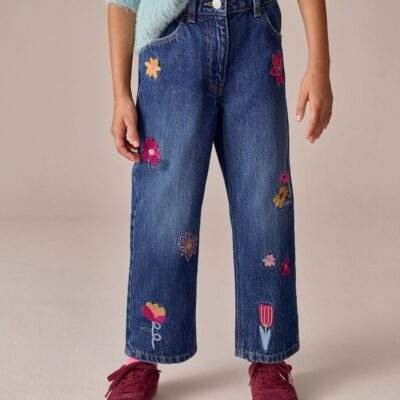 Mid Blue Floral Embroidered Straight Leg Jeans