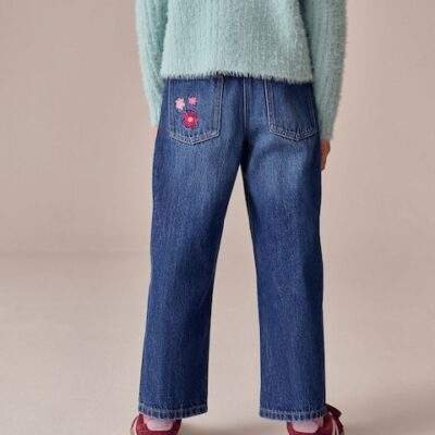 Mid Blue Floral Embroidered Straight Leg Jeans
