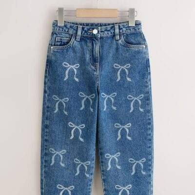 Mid Blue Bow Embellished Barrel Jeans