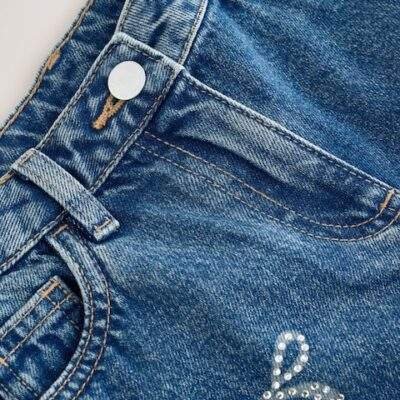 Mid Blue Bow Embellished Barrel Jeans