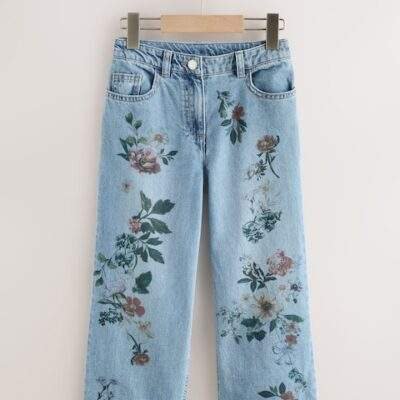 Mid Blue Denim Floral Print Wide Leg Jeans