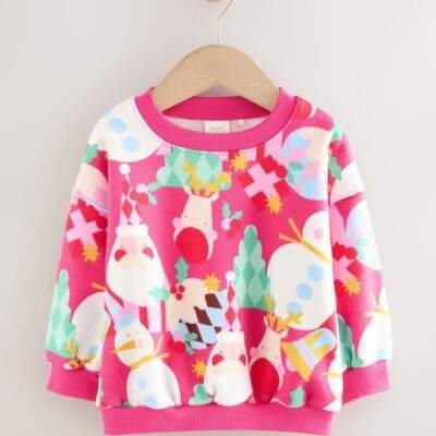 Bright Pink Christmas Print Crew Neck Sweatshirt