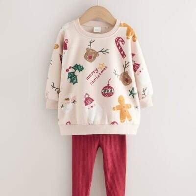 Beige/Red Christmas Print Sweatshirt & Leggings Set