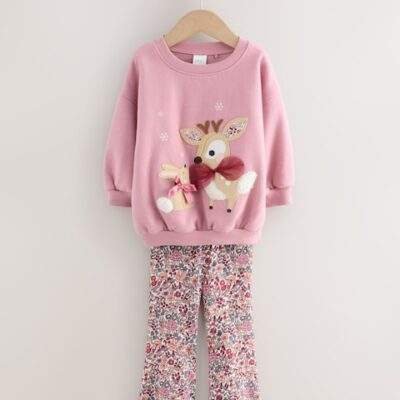 Pink Deer & Bunny Sweatshirt and Flare Leggings Set