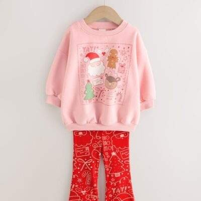 Pink/Red Christmas Sweatshirt and Flare Leggings Set