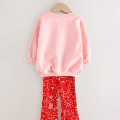 Pink/Red Christmas Sweatshirt and Flare Leggings Set