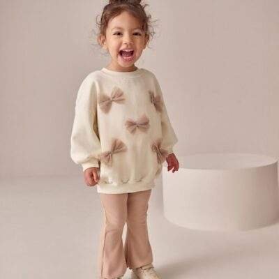 Cream Bow Sweatshirt & Flare Leggings Set