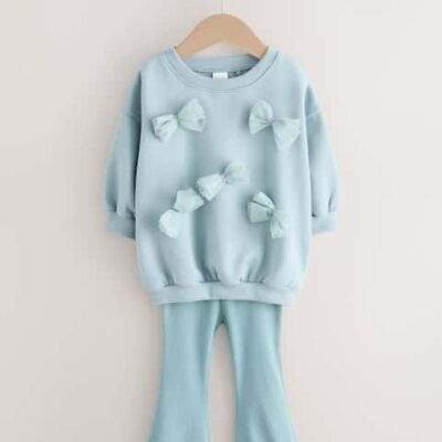 Blue Bow Sweatshirt & Flare Leggings Set