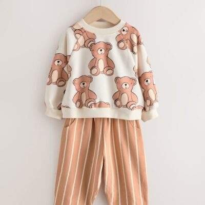 Brown Neutral Teddy Bear Sweatshirt and Barrel Leg Joggers Set