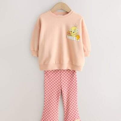 Peach Pink Tweety Sweatshirt & Flare Leggings Set