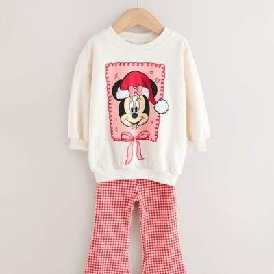 Ecru/Red Minnie Mouse Christmas Long Sleeve Top and Flare Set