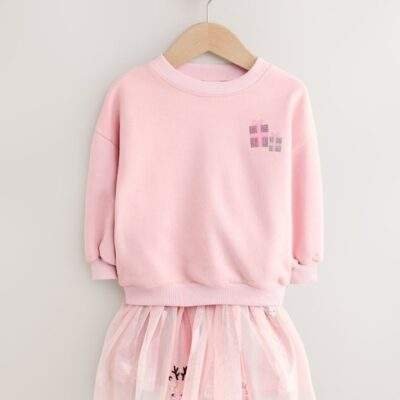 Pink Christmas Long Sleeve Top and Skirt Set