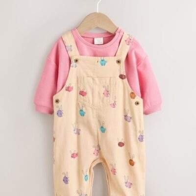 Cream/Pink Rabbit Baby Dungaree and Bodysuit Two Piece Set